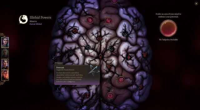 An in-game screenshot of the Illithid Powers screen in Baldur's Gate 3, which shows the Freecast Ability being inspected.