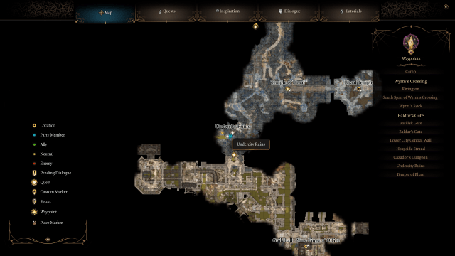 Image of the map in BG3 showing the Lower City Sewers.