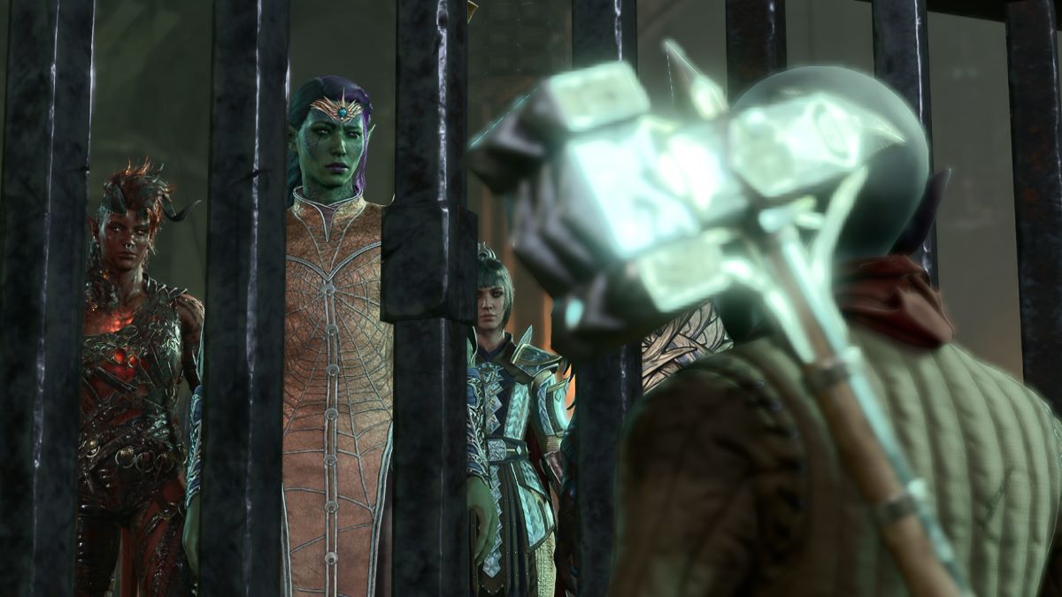 An in game screenshot of the adventuring party speaking to Wulbren through the bars of a cell in Moonrise Towers Prison in Baldur's Gate 3.