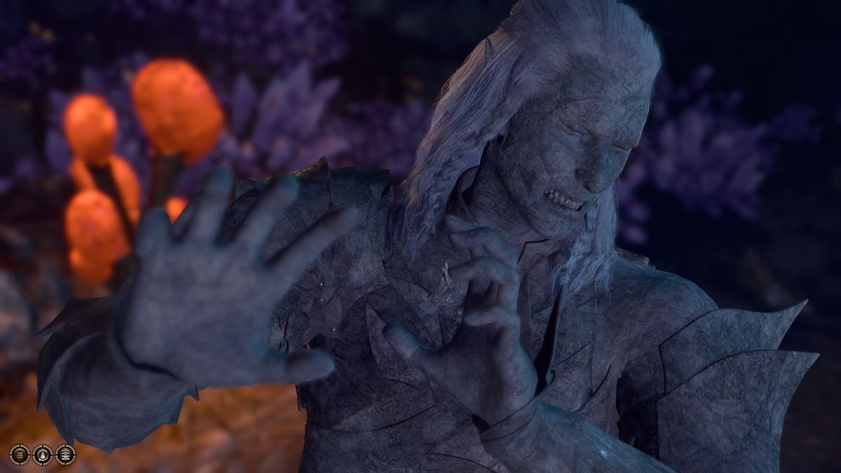 A Baldur's Gate 3 screenshot of a Drow man petrified in a wincing position.