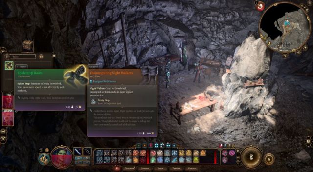 An in game screenshot of Baldur's Gate 3, where the item Spiderstep Boots is being inspected in a cave.