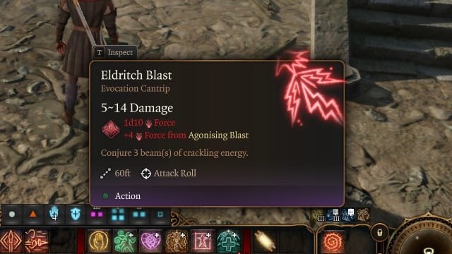 Eldritch Blast in Baldur's Gate 3, as a tooltip. A key part of the Eldritch blast crit-fish build.