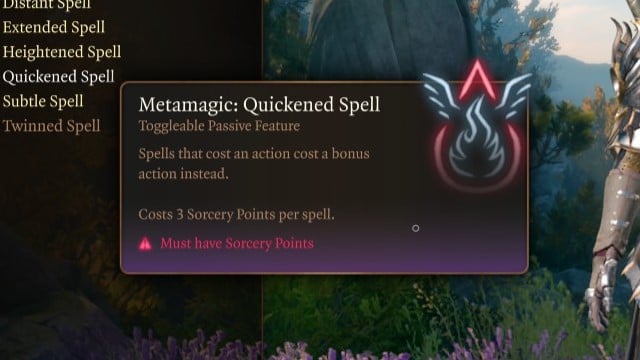 The Quickened Spell metamagic tooltip, a key part of the Rogue Arsonist build.