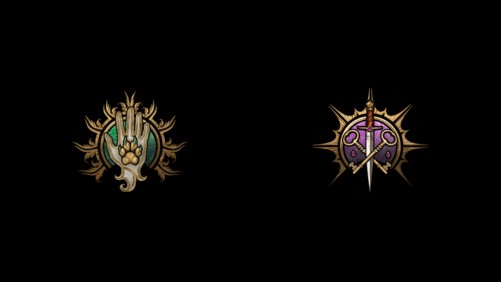 The symbols for the Ranger and Rogue class in BG3, set next to each other on a black background.