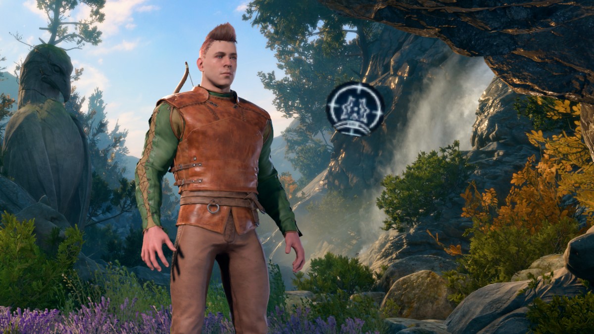 A tall human man stands in the level up screen of BG3, the Sharpshooter icon next to him.