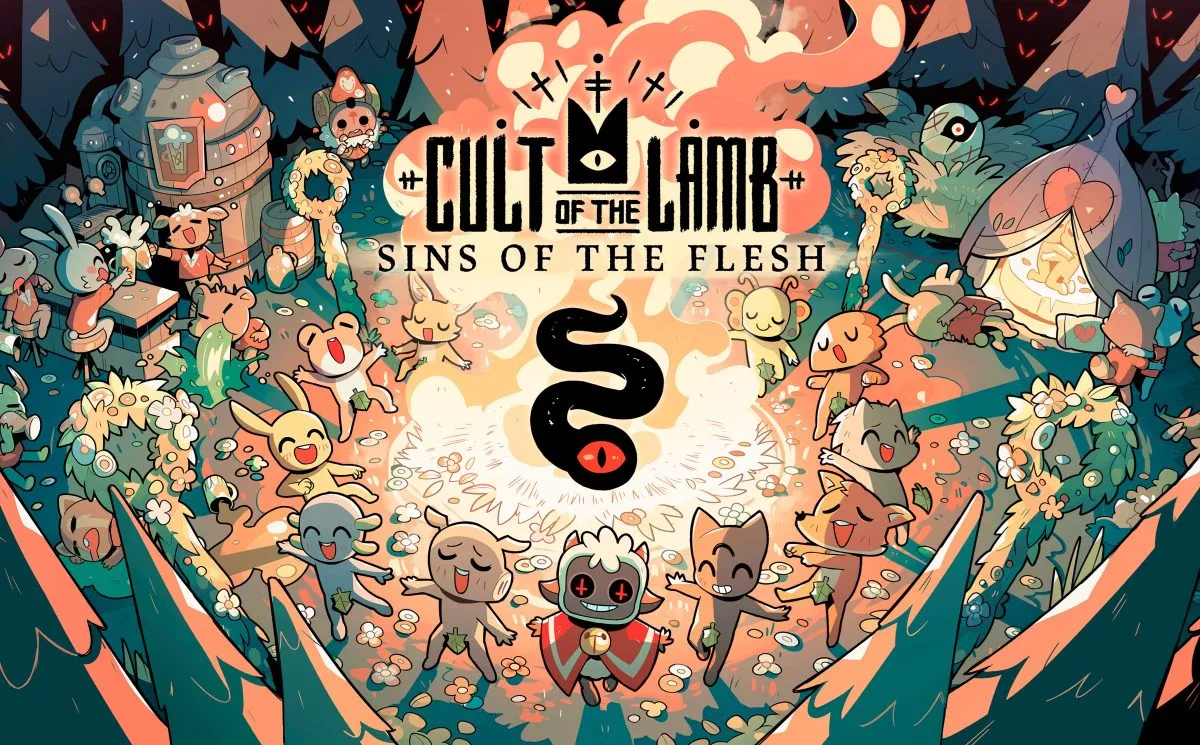 Art for Cult of the Lamb: ins of the Flesh, featuring cartoon woodland creatures dancing around a fire and a creepy serpent with one eye twisting in the middle.