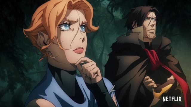 Screengrab of the Castlevania show with Sypha and Belmont