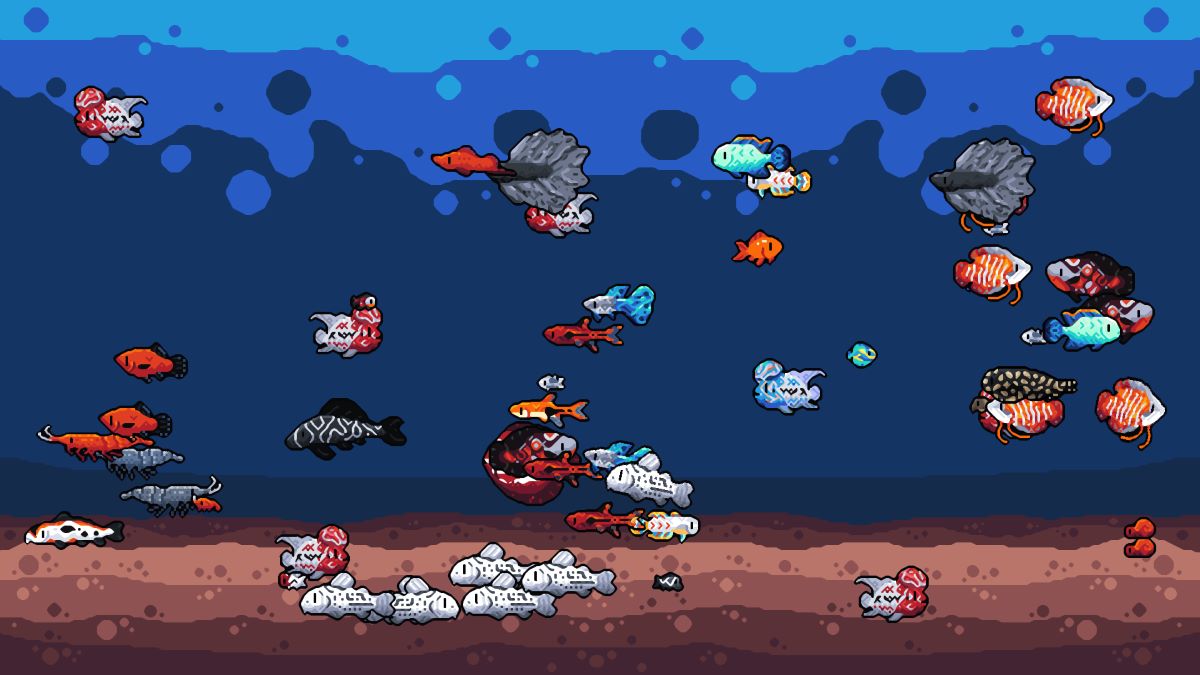 An in game screenshot of a full fish tank in Chillquarium.