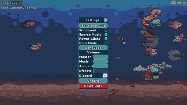 An in game screenshot of the Settings menu in Chillquarium.