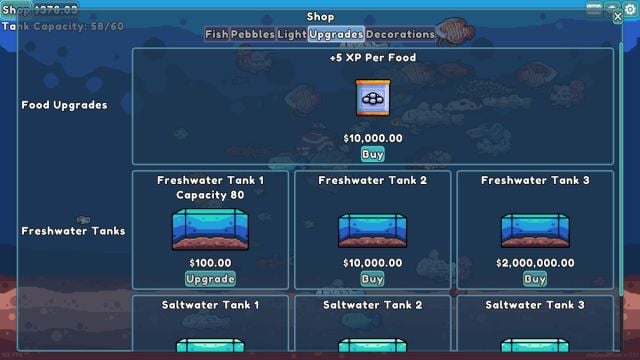 An in game screenshot of the Upgrades shop in Chillquarium.