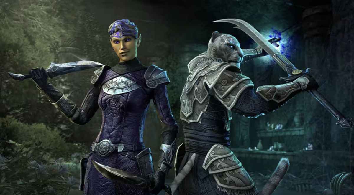 Tanlorin and Zerith-var, two new companions in ESO, stand side by side in promotional art. Tanlorin is a female high elf wearing purple armor whereas Zerith-var is a Khajiit wielding a sword