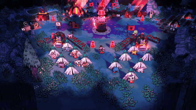 Cultists sleeping in camp in Cult of the Lamb.