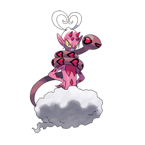 The official art of Incarnate Forme Enamorus, depicitng a genie with a snake for a tail and hair in the shape of a heart.