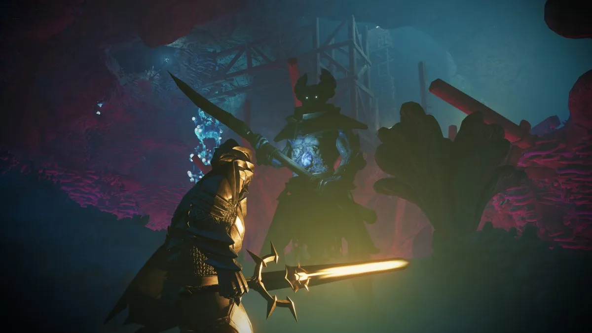 Image of a knight in Enshrouded facing down a large enemy.