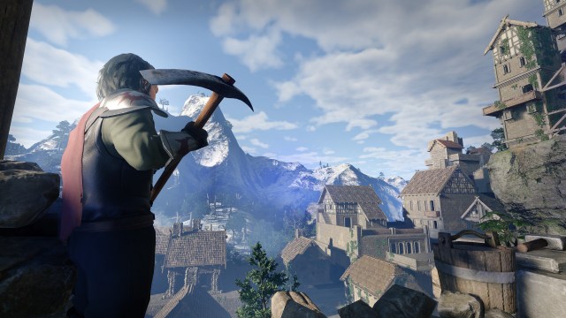 Player holding a pickaxe in Enshrouded