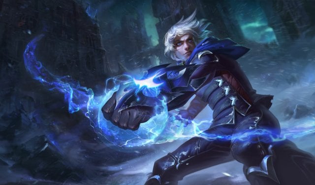 Ezreal leaning and looking upwards.