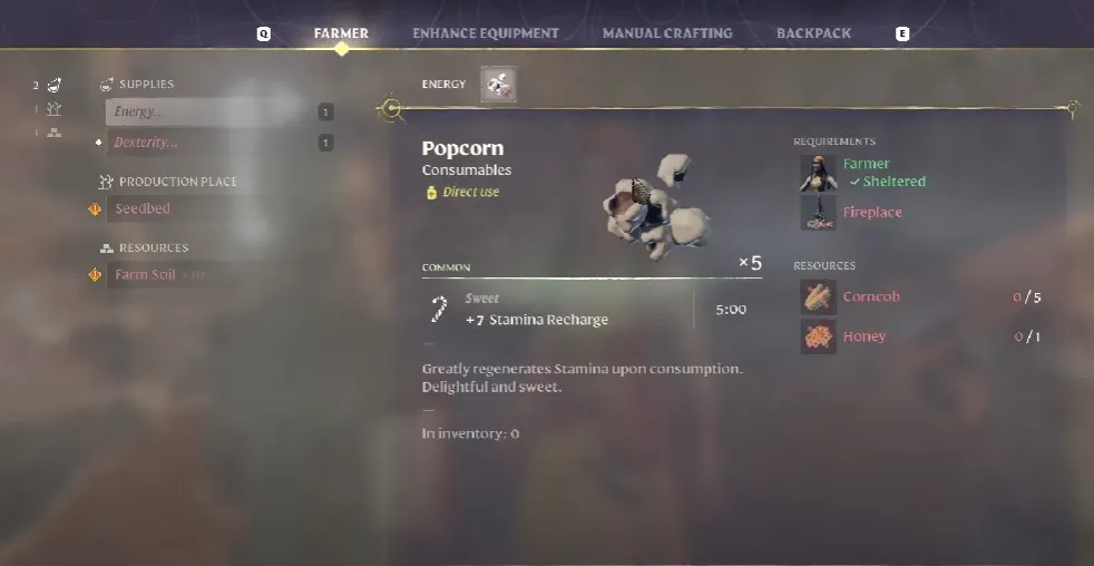 Popcorn recipe in Enshrouded