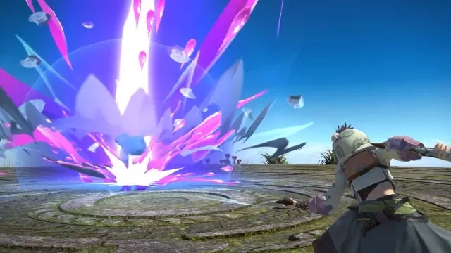 A purple line fires through an enemy from a Pictomancer in FFXIV Dawntrail.