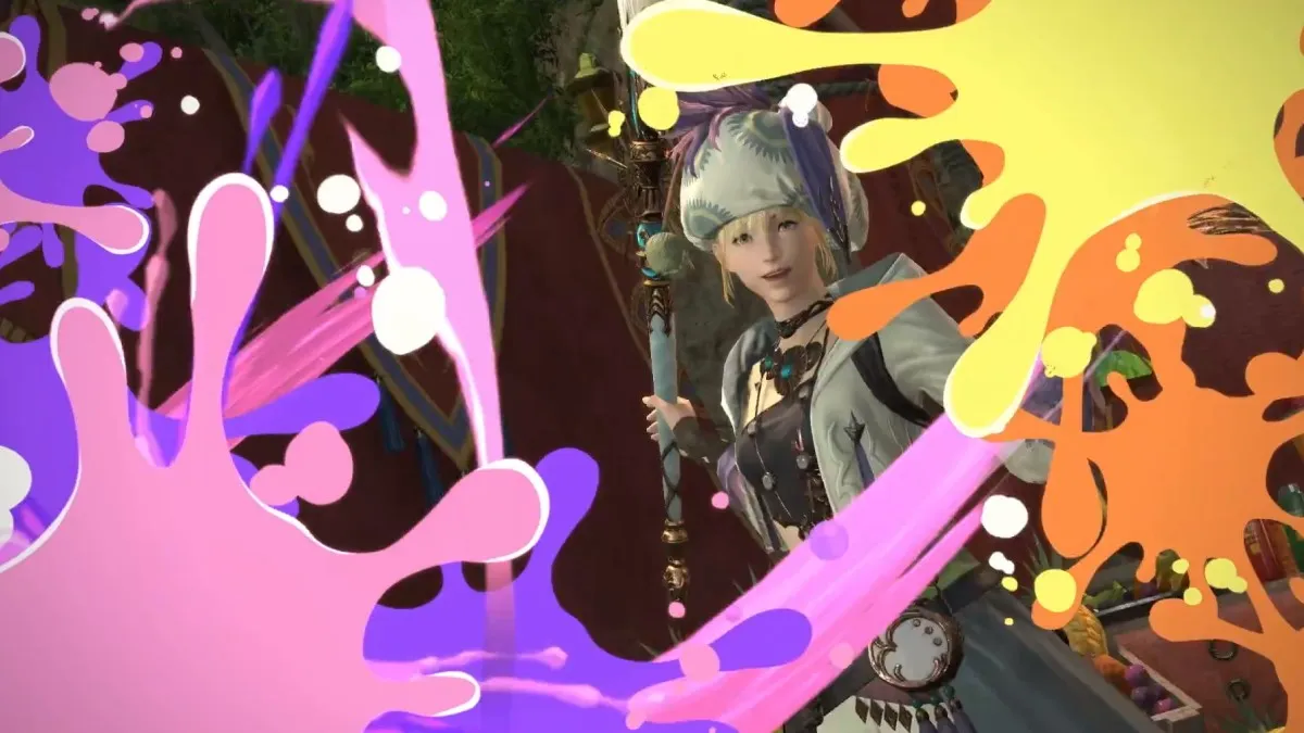 A Pictomancer colors the screen in yellow and pink and winks at the viewer in FFXIV Dawntrail.