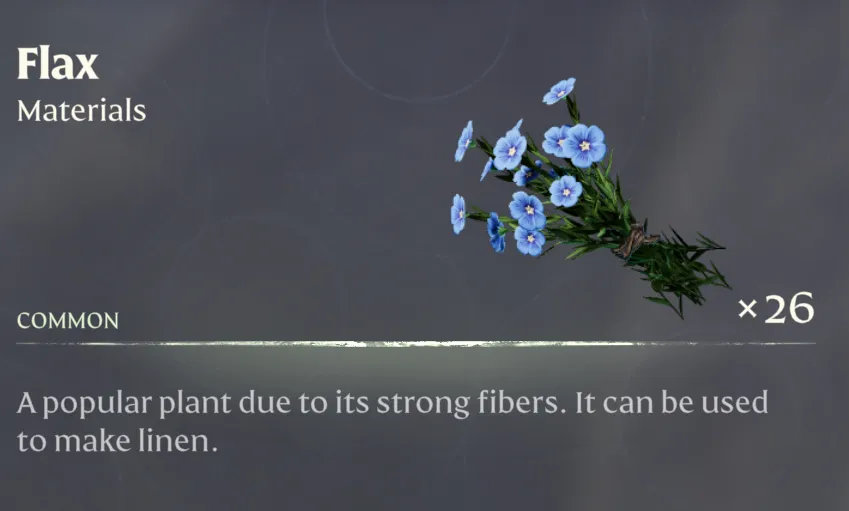 This screenshot from Enshrouded shows readers what Flax looks like. It's a blue flower with a yellow middle.