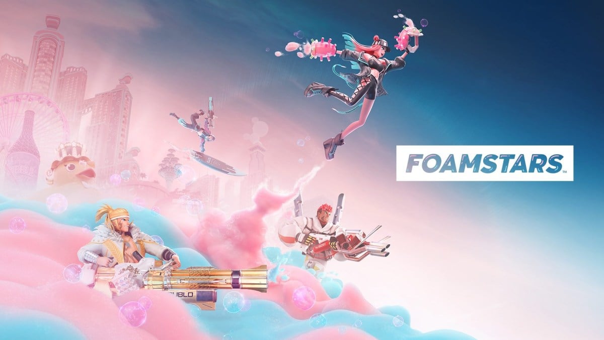 Foamstars promotional screenshot showing four characters on a pink cloud