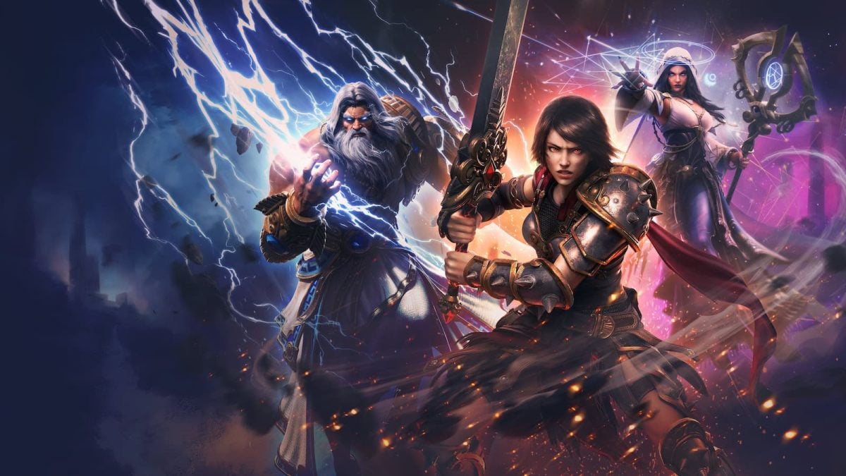 Promotional artwork for SMITE 2 featuring some of the playable characters.