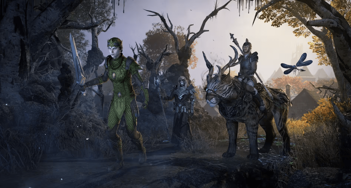 An image of a Breton, a Khajiit, and a Wood Elf setting off down a wood-laced path in ESO.