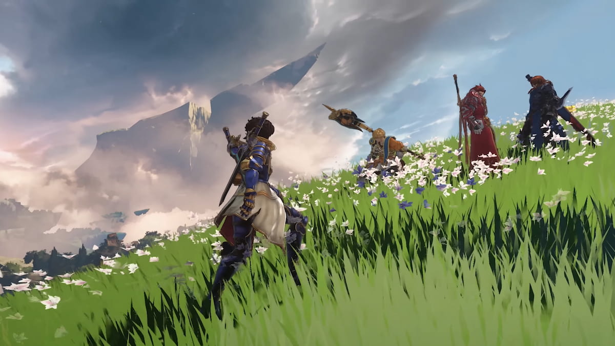 Four Granblue Fantasy: Relink characters on a grass hill.  One of the characters is approching the other three.