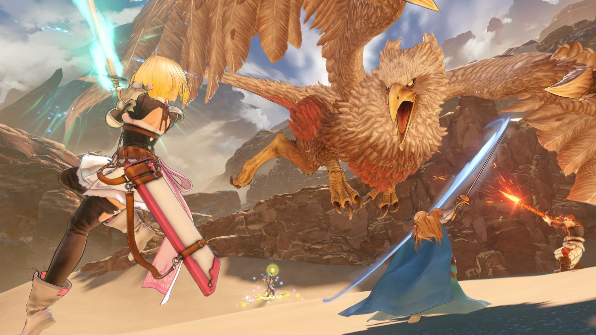 Image displays several Granblue Fantasy characters battling a griffon in a fantasy desert setting