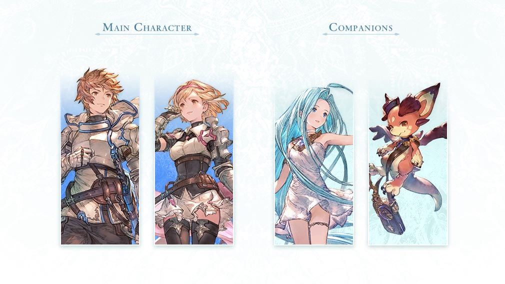 A screenshot of the character art for the main character and companions in Granblue Fantasy: Relink.
