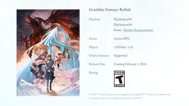 Displays a screenshotted snippet of the Granblue Fantasy: Relinked website that displays the specs for the game.
