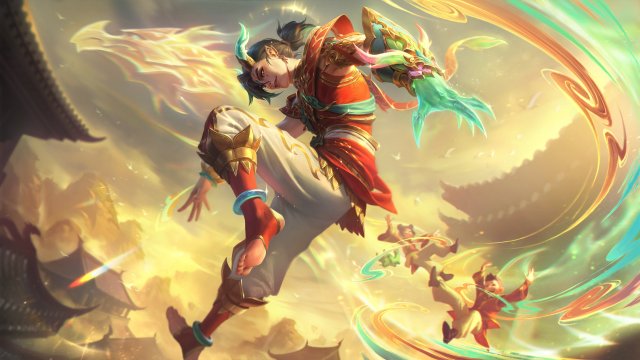 The splash art for Heavenscale Ezreal, depicitng Ezreal in celebratory crimson and gold garb with a dragon hand stemming from his jade gauntlet.