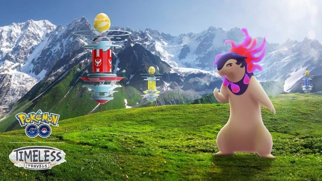 Hisuian Typhlosion standing on a grassy hill in Pokemon Go.