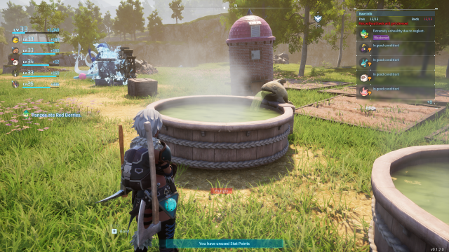 A screenshot from Palworld showing a Hot Spring, a round tub with steam coming out of it.