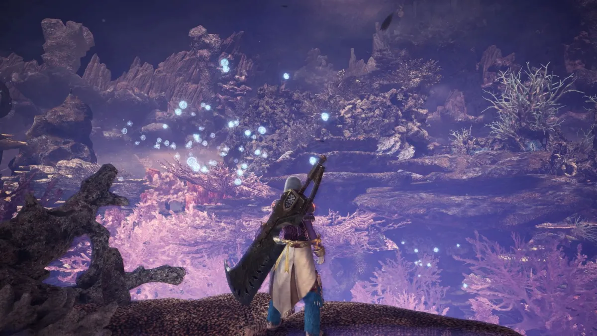 Image of the Coral Highlands in Monster Hunter World with a character looking over the horizon.