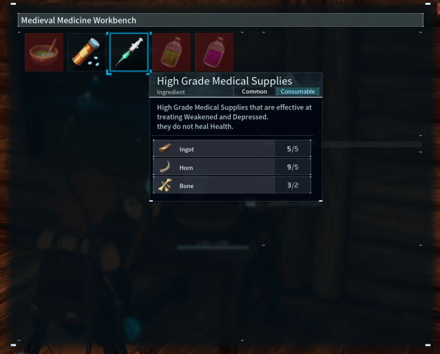 A screenshot from Palworld showing the crafting requirements of High Grade Medical Supplies from the Medieval Medicine Workbench