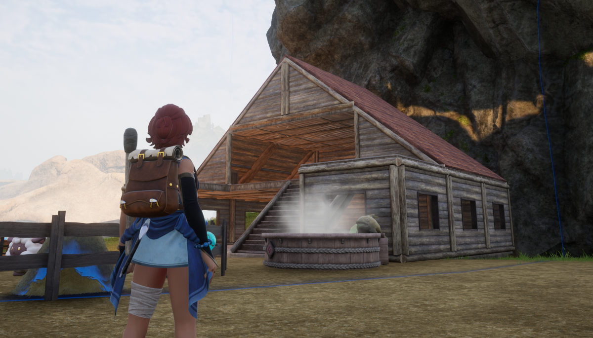 The player character stands in front of a barn with a red, slanted roof.