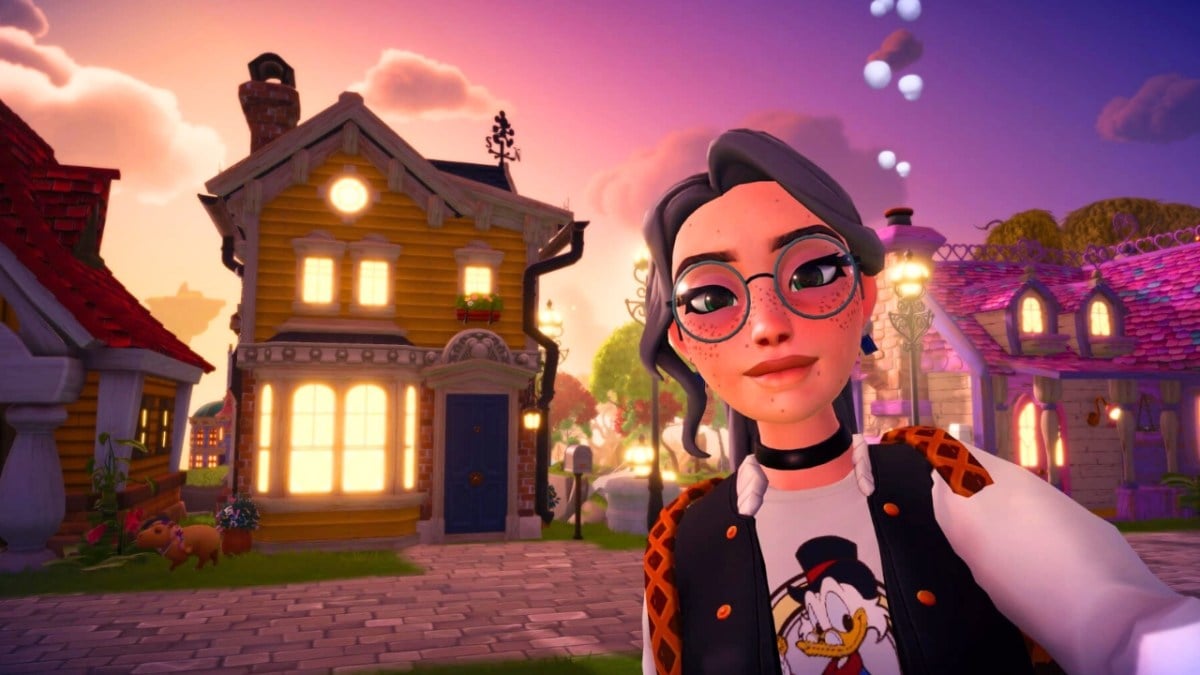 woman standing in front of her house at sunset in disney dreamlight valley