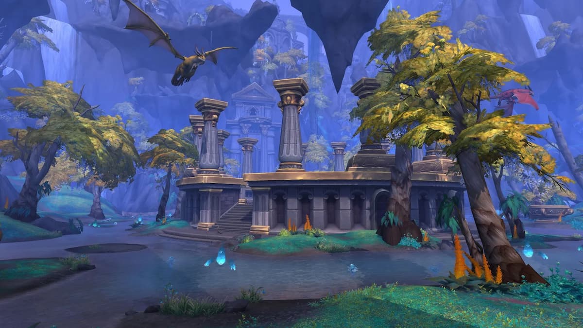 Trees and pillars, and a dragon swooping down from the skies in World of Warcraft. The image is filled with a blue glow.