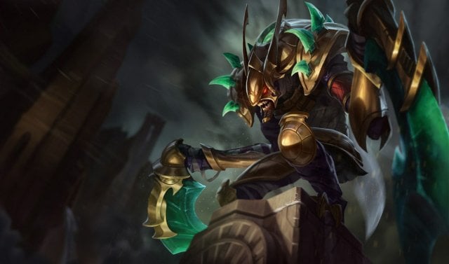 Kha'Zix standing on top of a statue and preparing to jump.