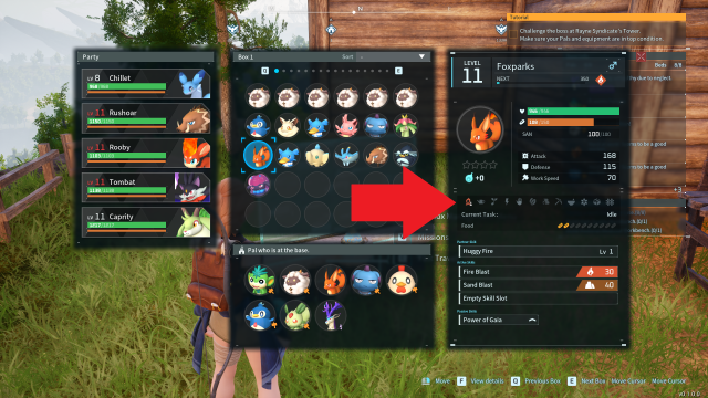 A red arrow points to a red campfire icon beneath a Pal's stats page.