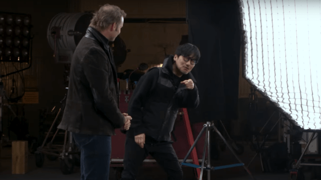 Hideo Kojima pointing at the camera.