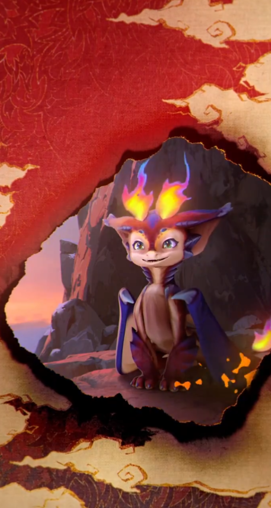League's newest champion, Smolder, burns a hole in a tapestry to make himself be seen on the screen.