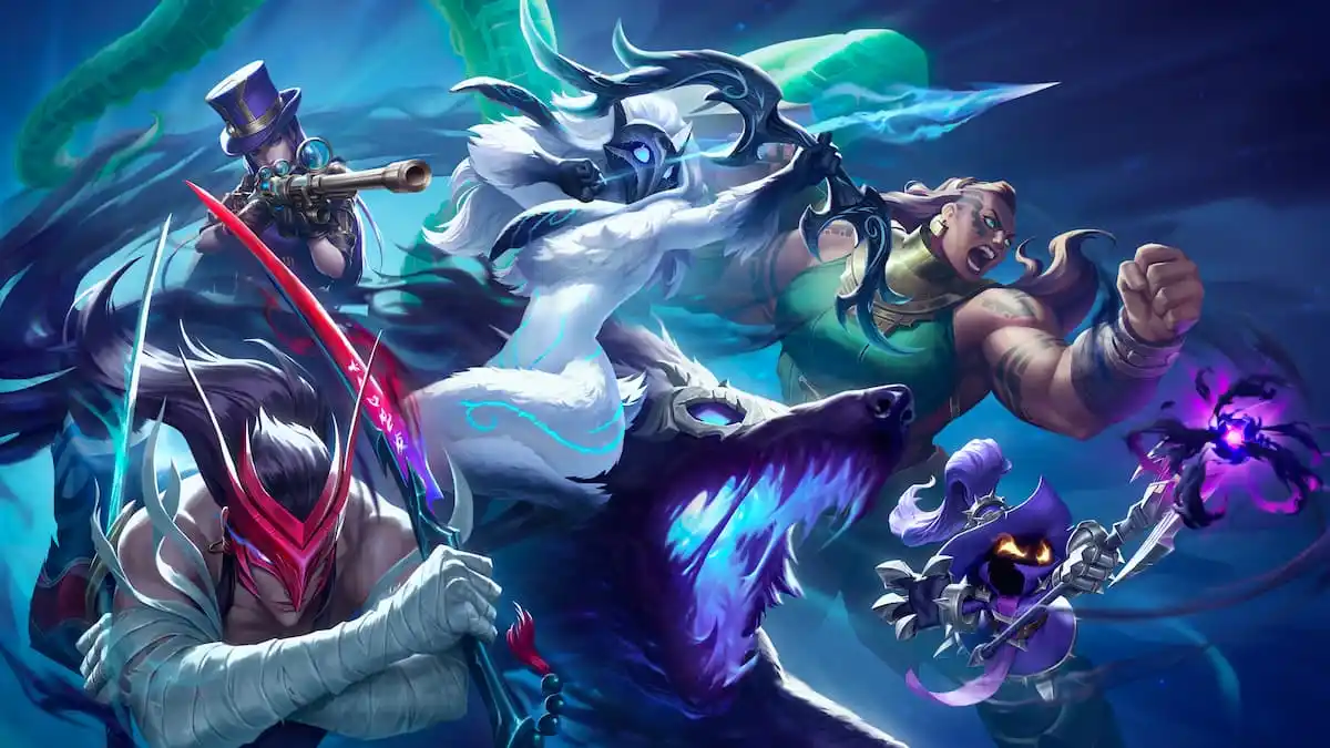 League of Legends champions Yone, Caitlyn, Illaoi, Veigar, and Kindred rushing into battle together.