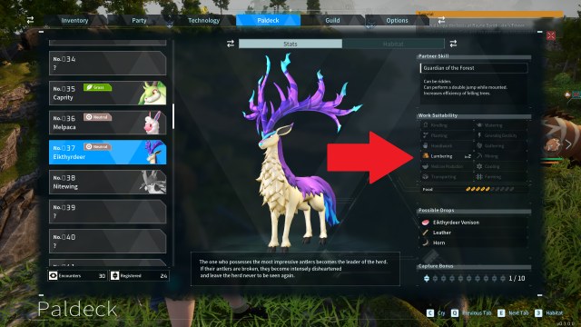 A screenshot from the Paldeck showing Eikthyrdeer, a purple and white deer-like creature with massive horns. To the side is a list of stats, including the Lumbering icon, which appears as a stack of logs.