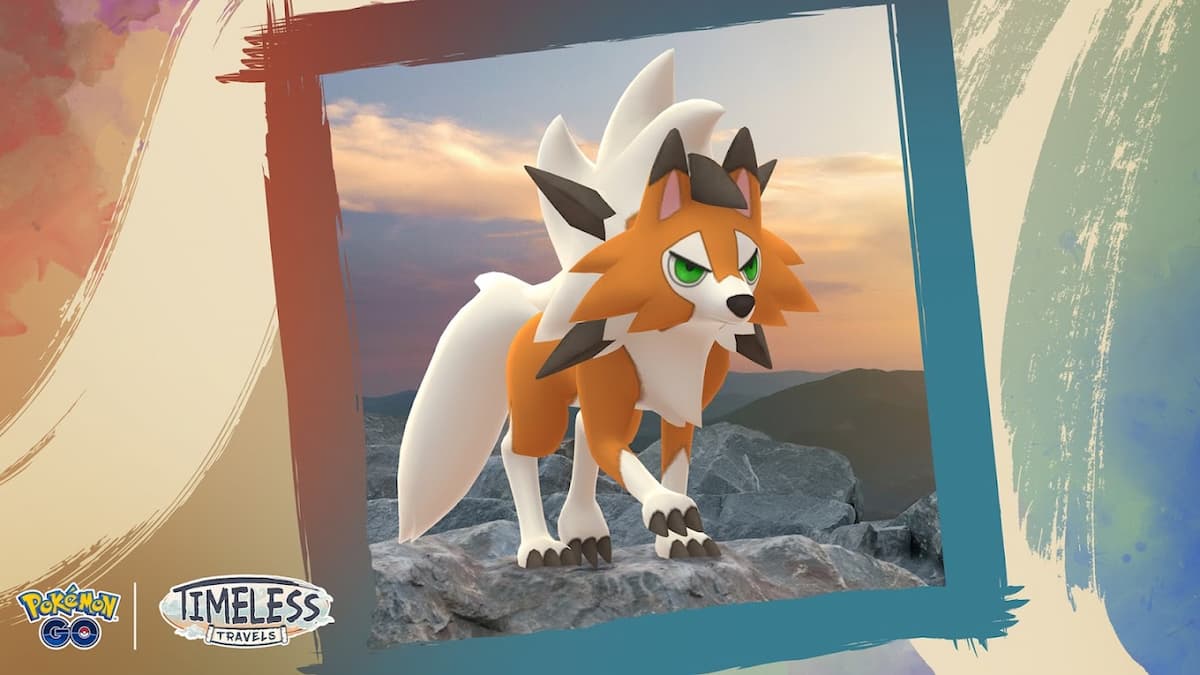 Lycanroc's Dusk Form standing against a sunset.