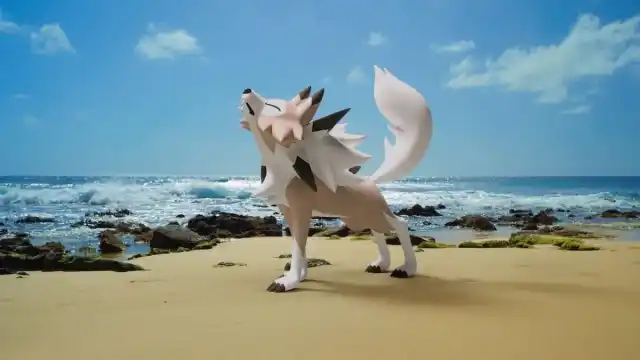 Lycanroc Midday howling on a beach.