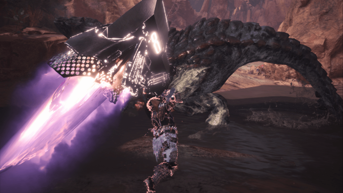 An image of the player character attacking a monster with a Great Sword in Monster Hunter World