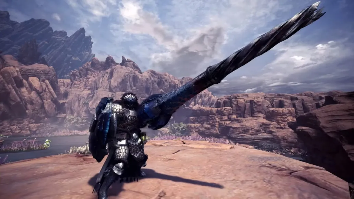 An image of the player character holding up a gunlance in Monster Hunter World.