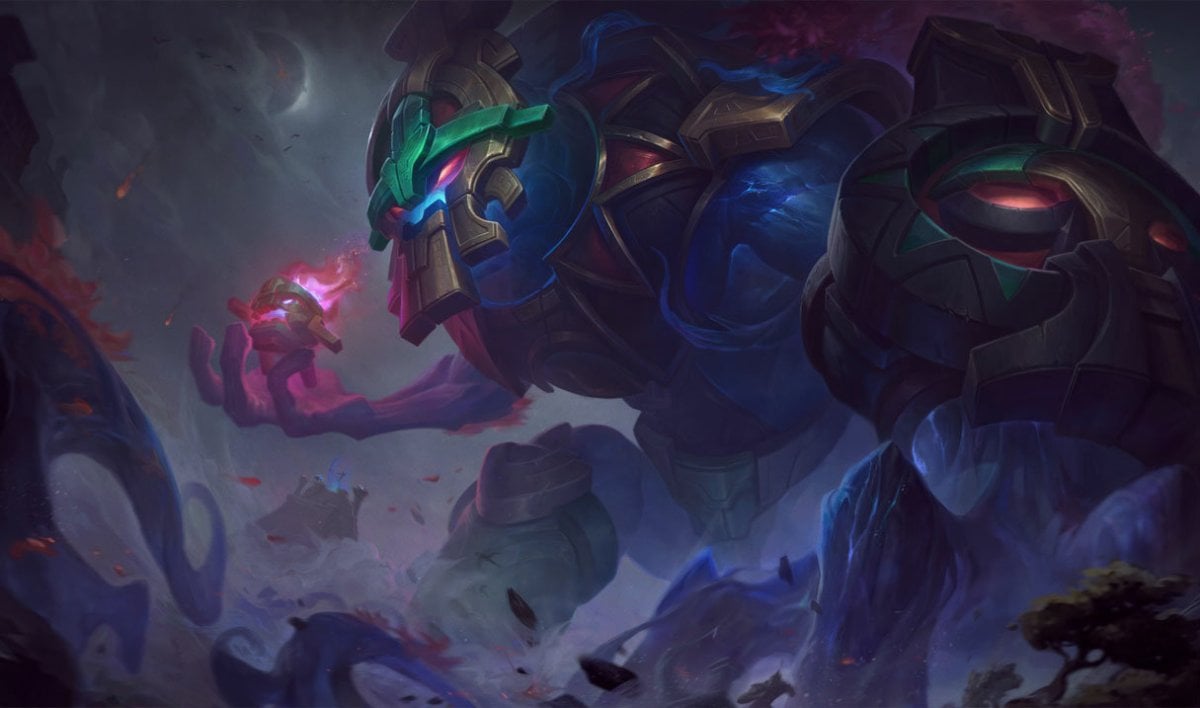Worldbreaker Maokai looking down and holding a sapling in his right hand.